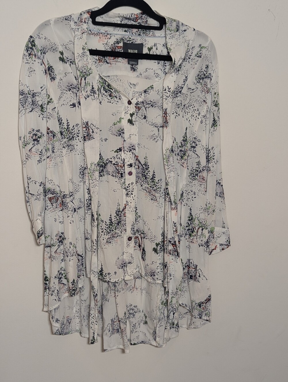 Anthropologie Maeve XXS Cottage Scenic Print Tie-Neck High-Low Tunic Blouse